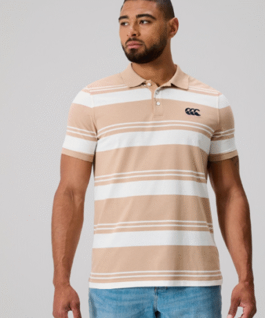 CANTERBURRY - MENS FUNDAMENTALS ENGINEERED STRIPE POLO WARM TAUPE